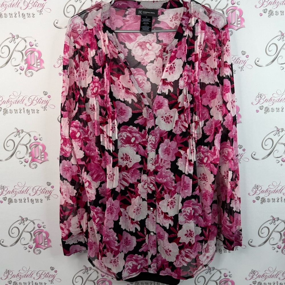 INC International Concepts button up flowers white black Pink Floral Blouse